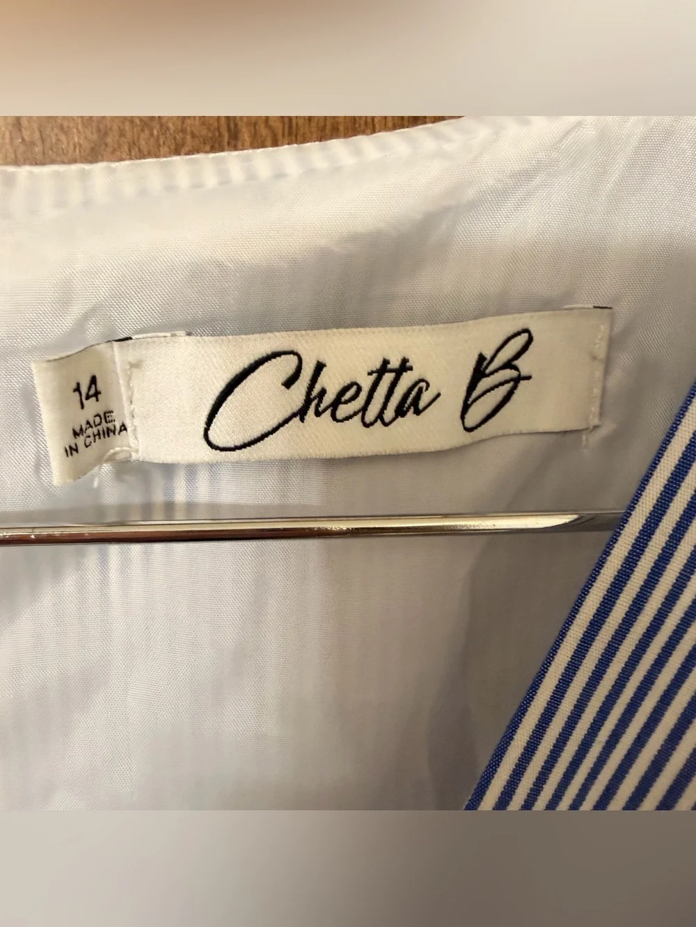 Chetta B Size 14 Blue/White Striped V-Neck A-Line Dress Red Tie Sash Zip